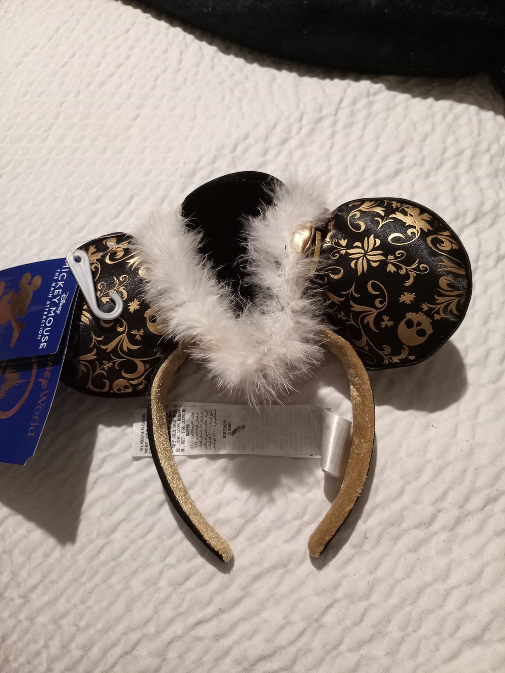 Disney Black and Gold Filigree Minnie Ear Headband with White Feather Trim